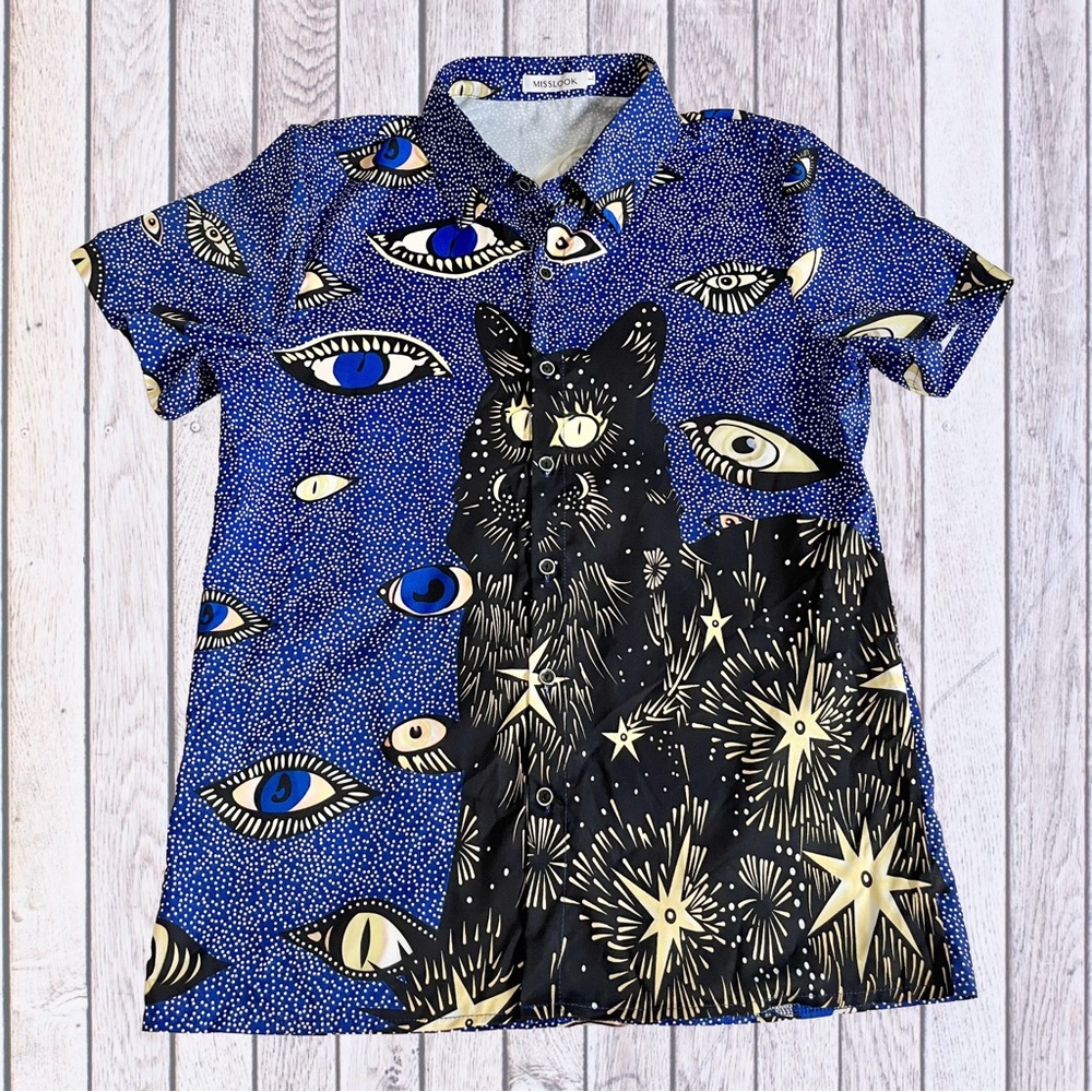 Psychedelic Print Gothic Black Cat Coven Festival Shirt, Unisex Large